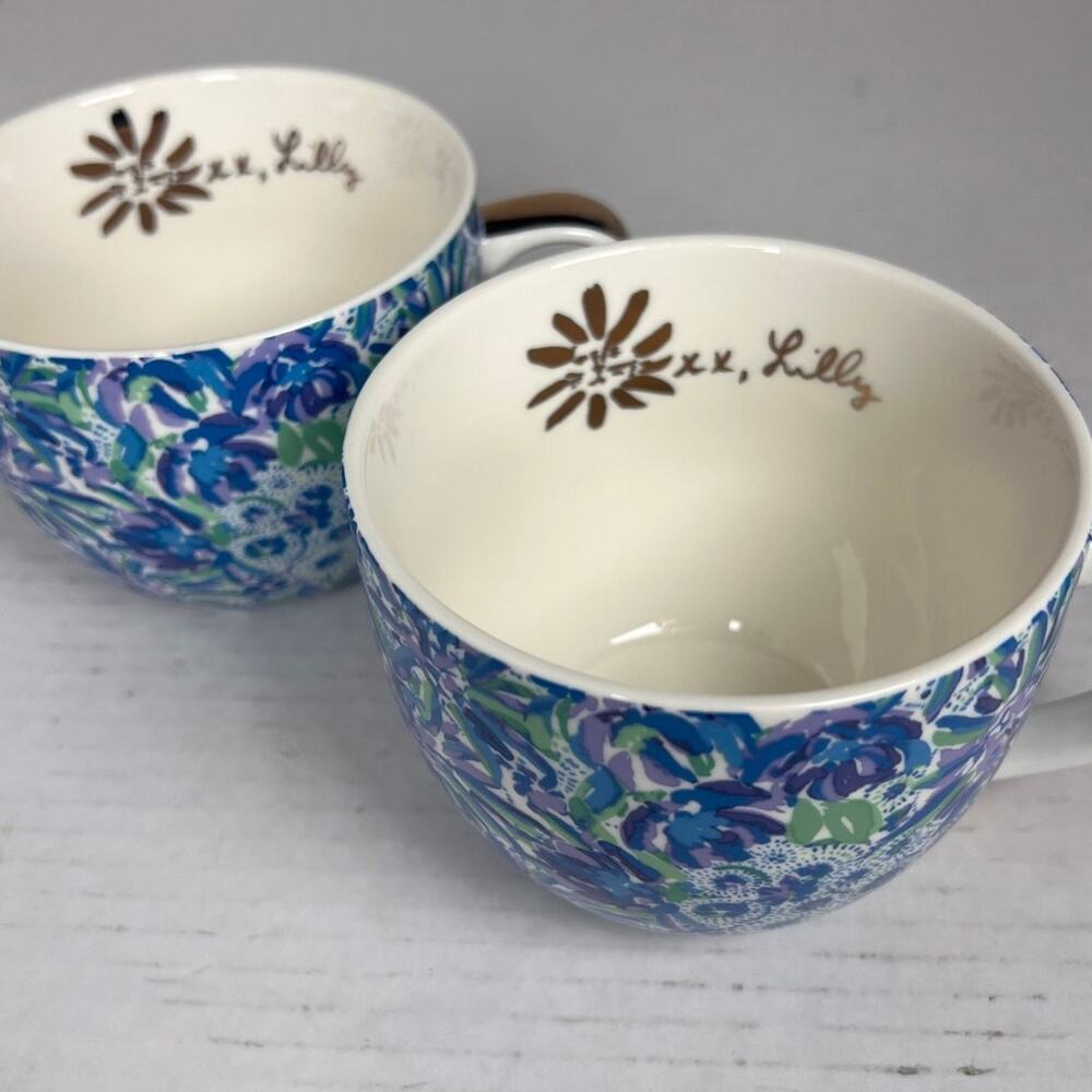 Lilly Pulitzer Ceramic Mugs Set of 2 Blue Floral Gold Handle